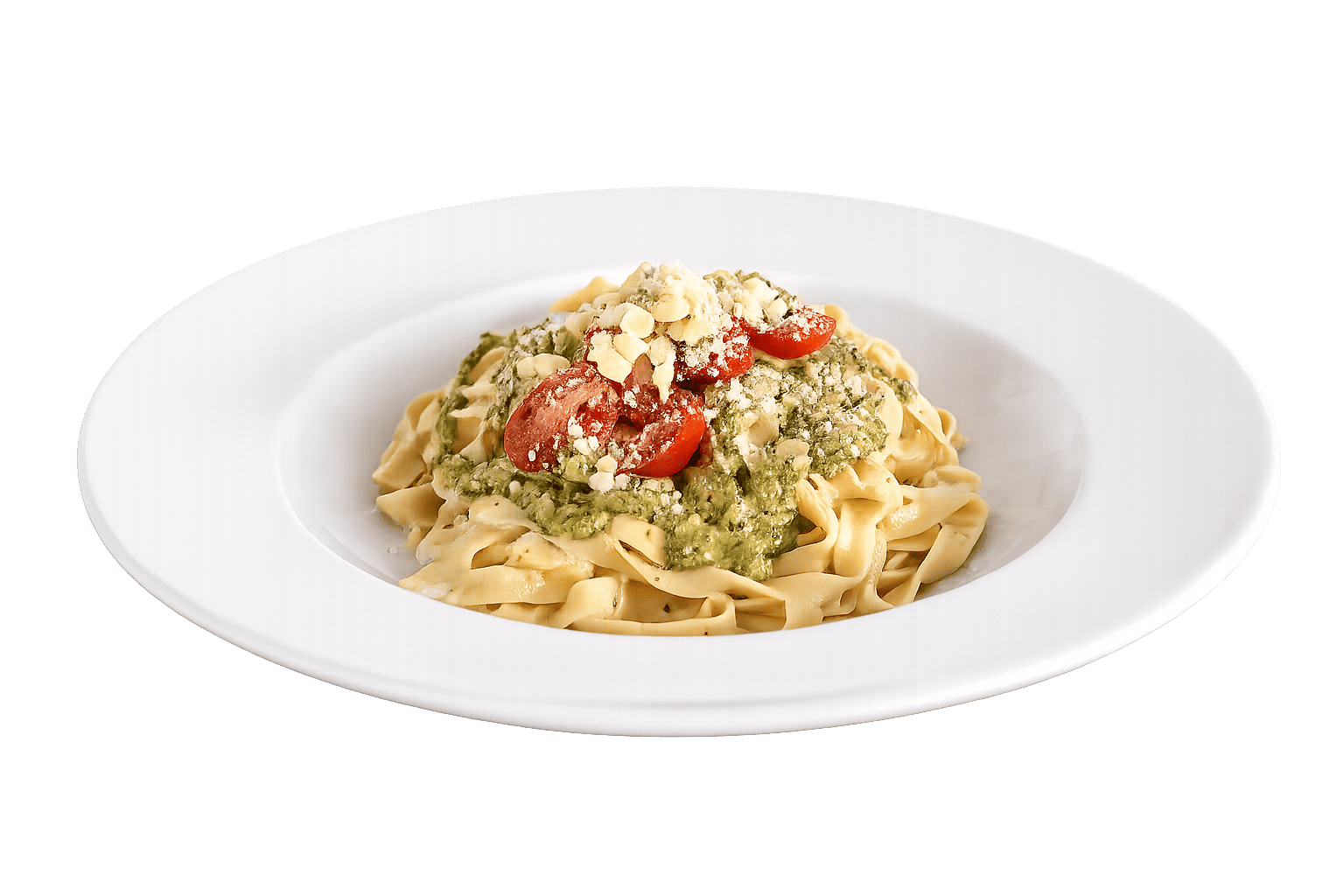 Tagliatelle mit Pesto und Basilikum.
